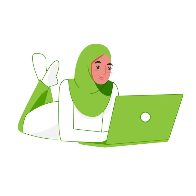 Vector de una mujer musulmana estudiando o trabajando usando una computadora portátil mientras yace boca abajo