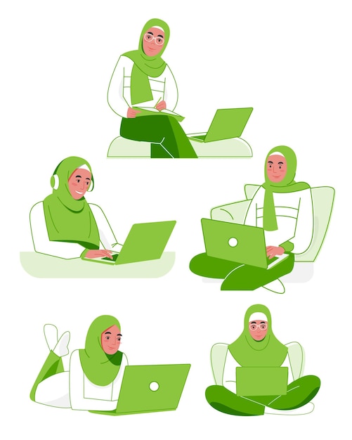 Vector de mujer musulmana estudiando o trabajando usando portátil con varios gestos