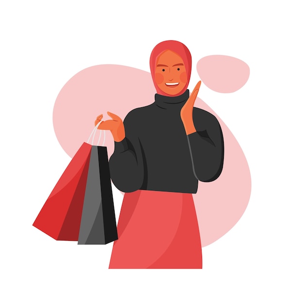 Vector de una mujer musulmana feliz sonriendo con hijab llevando una bolsa de compras