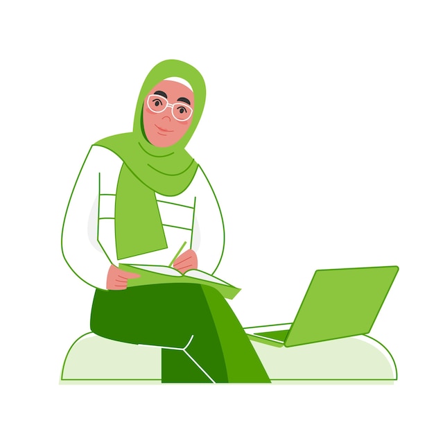 Vector de la mujer musulmana que estudia o trabaja trae libro delante de la computadora portátil mientras está sentada