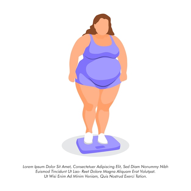 Vector de mujer que se pesa a sí misma en una escala que representa la obesidad y la pérdida de peso más el vector de mujer de tamaño