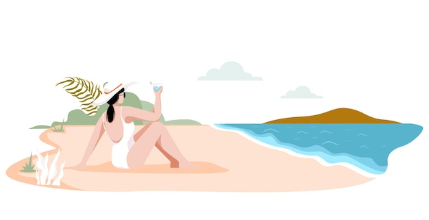 vector, mujer, relajante, en la playa