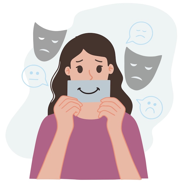 Un vector de mujeres con una sonrisa falsa de papel que oculta un sentimiento de emoción real salud mental