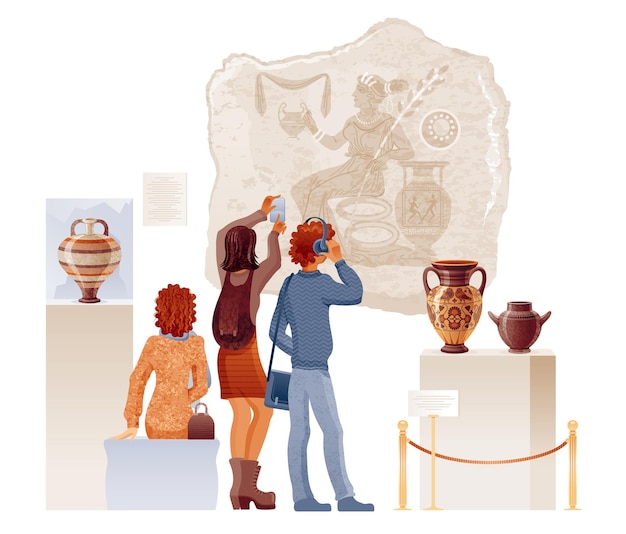 Vector vector de museo exposición de galería de arte con personas ilustración de la antigua pintura griega romana estatua cerámica museo plano de dibujos animados exposición de jarrón vectorial diseño de sala histórica interior de arte antiguo