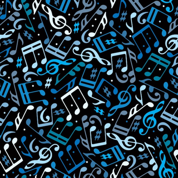 Vector de música punteada colorida con un patrón sin costuras con notas musicales en fondo negro.