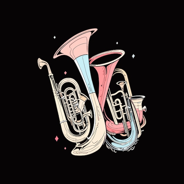 Vector música trompetas instrumentos ilustración dibujado a mano
