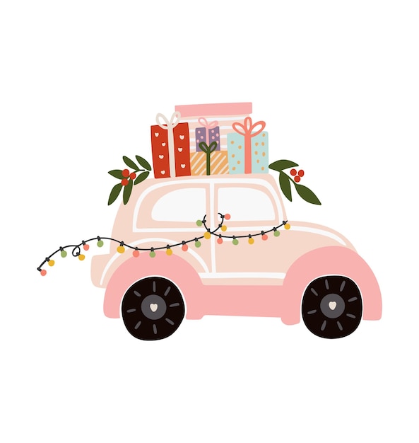 Vector de Navidad coche rosa Vector de ilustración de coche de Navidad Ilustración de banner de año nuevo