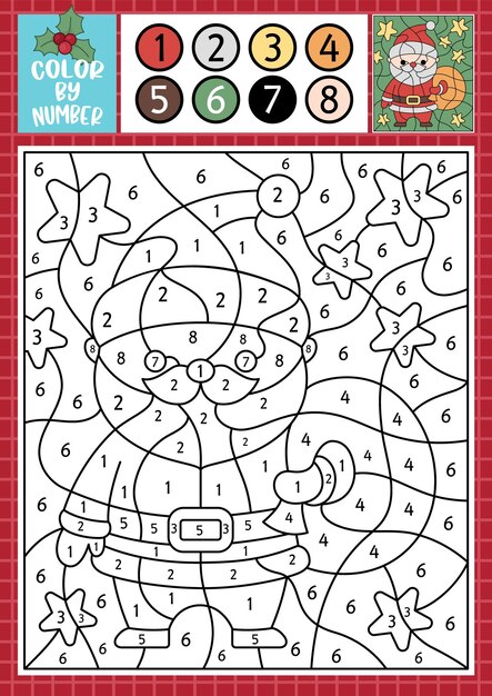 Vector Navidad color por actividad numérica con lindo kawaii Santa Claus con saco Vacaciones de invierno