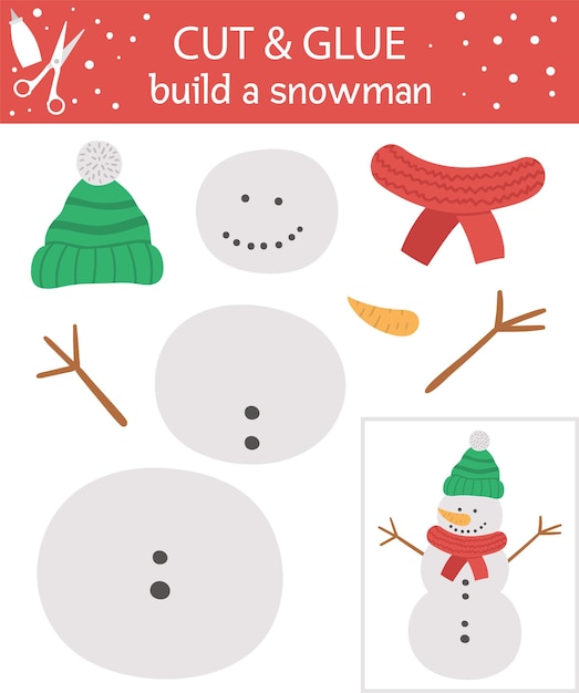 Vector de Navidad cortar y pegar la actividad. Juego de manualidades educativo de invierno con lindo muñeco de nieve. Actividad divertida para niños. Construya una hoja de trabajo de muñeco de nieve para niños.