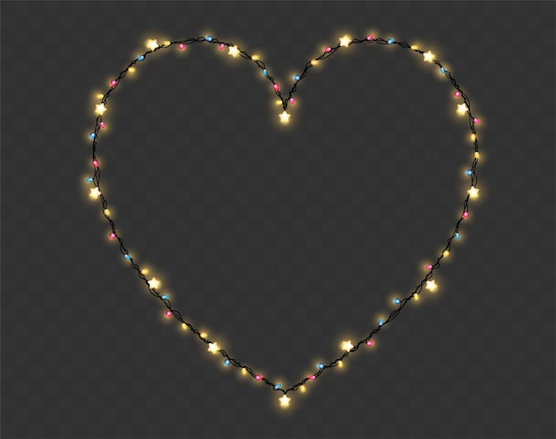 vector, navidad, luces, cadena, día de valentines, forma corazón