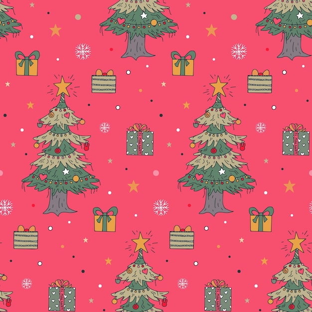 Vector Navidad de patrones sin fisuras con cajas de regalo de árboles dibujados a mano Vector fondo interminable de símbolos de año nuevo en estilo gráfico moderno