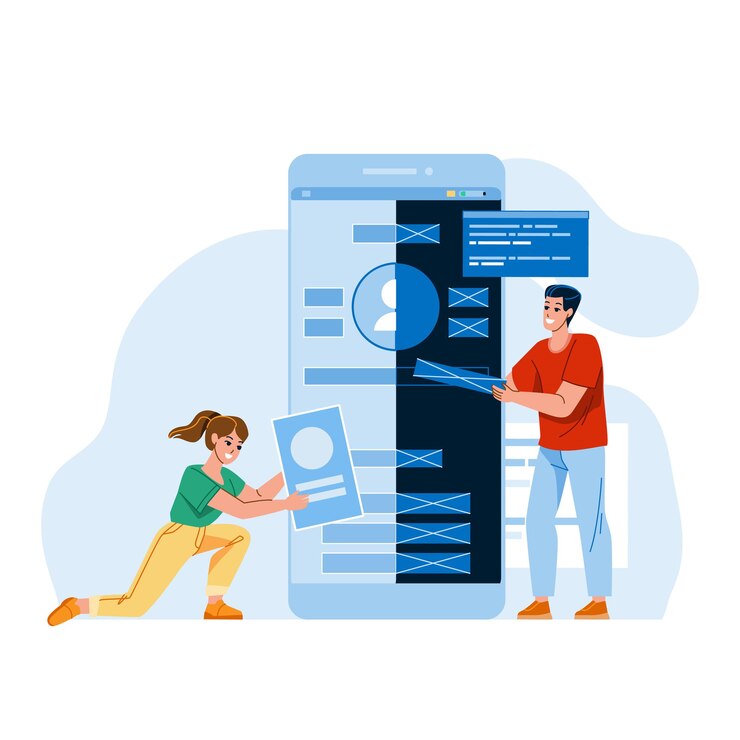 Vector vector de negocio de diseñador de diseño de ui y ux móvil. ocupación profesional de hombre y mujer en diseño de ui y ux de teléfono. personajes niño y niña creador tecnología trabajo plano ilustración de dibujos animados