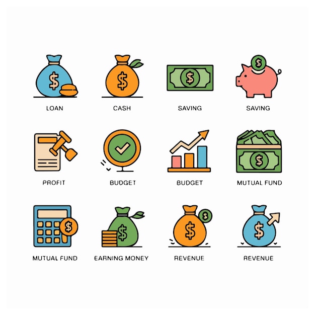 Vector de negocios y finanzas icono conjunto con dinero banco cerdo de crédito intercambio gráfico de depósito