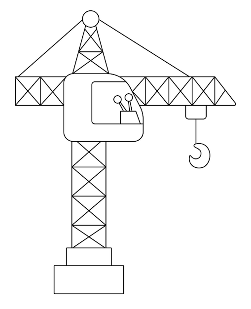 Vector negra y blanca grúa de elevación con gancho icono de línea de trabajo de carretera del sitio de construcción Edificio clipart de transporte Ilustración especial de transporte linda elevador de torre alta página de colorear