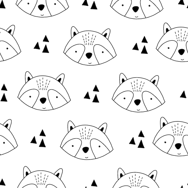 Vector negro y blanco contorno doodle dibujado a mano repitiendo patrón infantil sin costuras con lindos animales del bosque de estilo escandinavo sobre un fondo blanco animales bebés lindos patrón Scandi