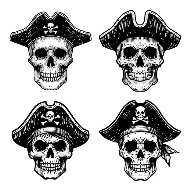 Vector negro y blanco dibujado a mano cráneo humano vintage con un sombrero de pirata