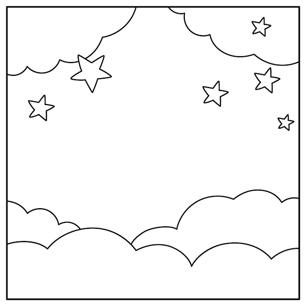 Vector negro y blanco fondo abstracto con nubes y estrellas escena de línea de mundo mágico o fantástico paisaje de naturaleza cuadrado de cuento de hadas o página de colorear Ilustración del cielo nocturno para niños xA