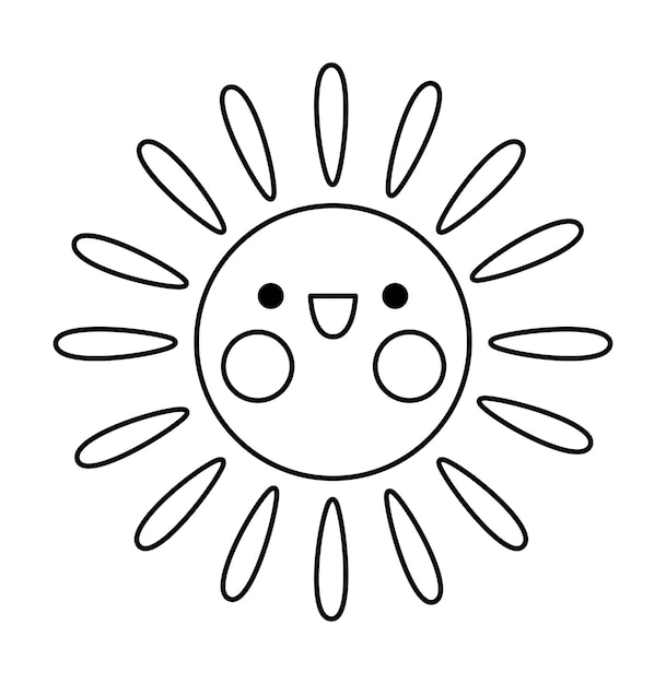 Vector vector negro y blanco kawaii icono del sol para niños líneas lindas símbolo del elemento del tiempo ilustración o página para colorear personaje de dibujos animados sonriente divertido