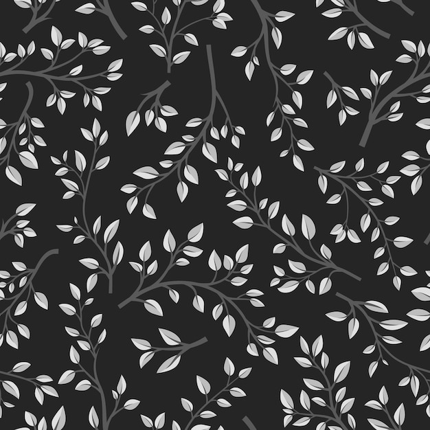 Vector Negro y Blanco Patrón sin costuras con brunches de árbol ramita de dibujos animados plana con hojas florales diseño de primavera verano hojas brunches plantas hierbas ilustración vectorial