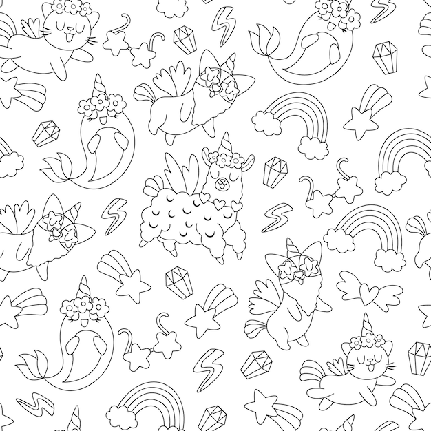 Vector negro y blanco patrón sin costuras para la fiesta de cumpleaños del unicornio Repite el fondo con animales de fantasía con cuernos estrella caída arco iris de cristal Cuento de hadas papel digital o página de colorear