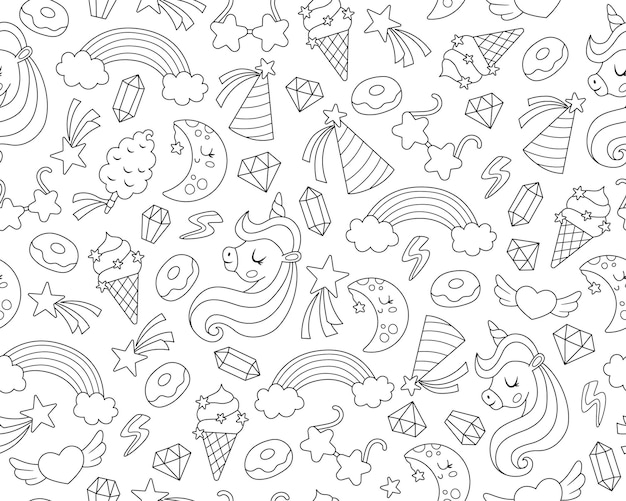 Vector negro y blanco patrón sin costuras para la fiesta de cumpleaños del unicornio Repite el fondo con estrella caída cristal rosquilla dulces arco iris fantasía o cuento de hadas papel digital para colorear pagexA