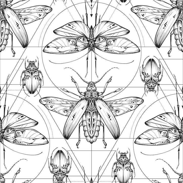 Vector vector negro y blanco patrón sin costuras con mariposas elementos de la astrología y la geometría sagrada