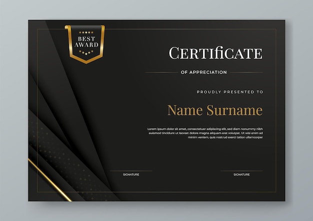 Vector negro y dorado diseño de plantilla corporativa de certificado de lujo moderno para premios de reconocimiento de logros plantilla de diploma de competencia de educación