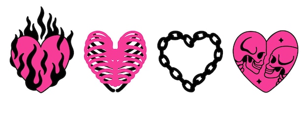 Vector negro y rosa corazones en estilo emo dibujado a mano