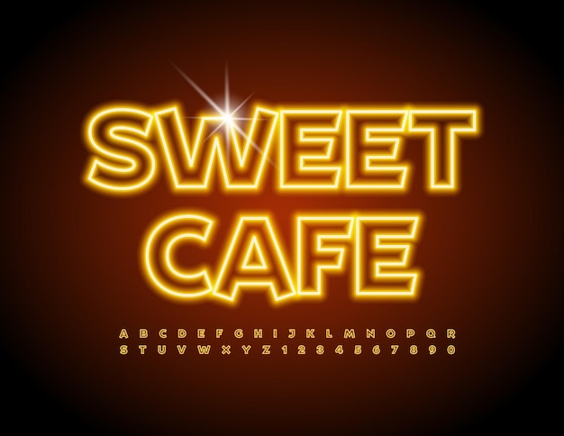 Vector neon banner sweet cafe con letras y números del alfabeto eléctrico de fuente brillante brillante