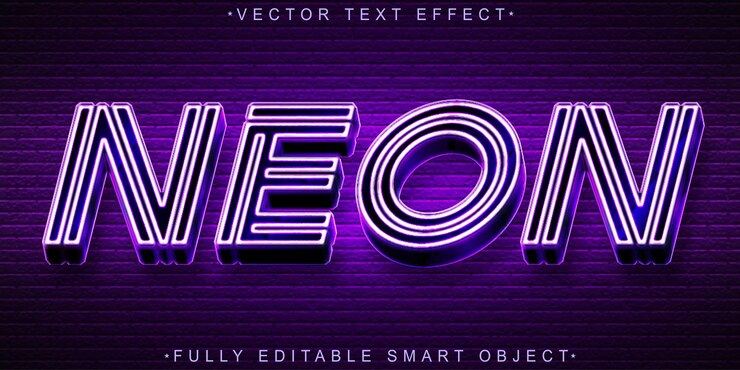 Vector vector de neón púrpura efecto de texto de objeto inteligente totalmente editable