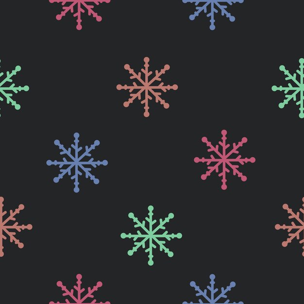 Vector de nieve copos de nieve multicolores sobre fondo negro de patrones sin fisuras