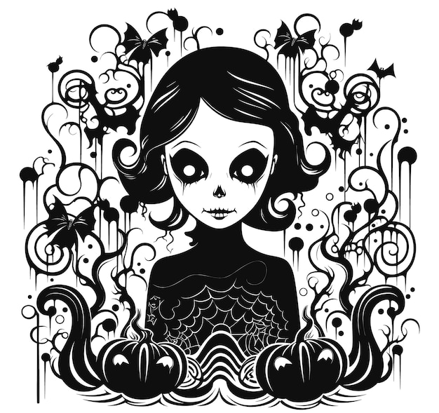 Vector, niña, caricatura, en, disfraz, halloween, bruja, con, halloween, calabaza, feliz, halloween, blanco