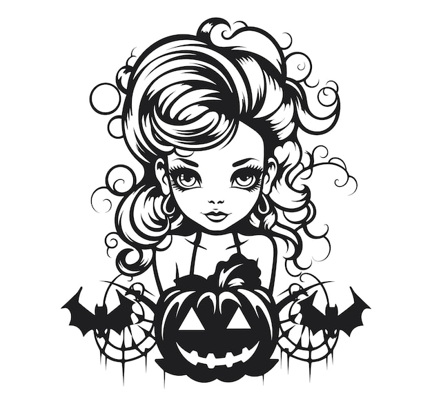 Vector, niña, caricatura, en, disfraz, halloween, bruja, con, halloween, calabaza, feliz, halloween, blanco