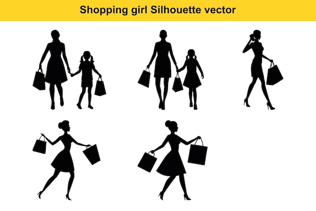 Vector de la niña de las compras Icon de la niño de las compras Conjunto de la bolsa de compras Silueta Ilustración vectorial