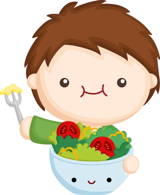 un vector de un niño comiendo ensalada