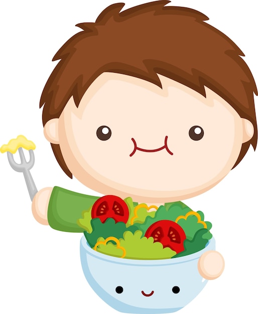 Un vector de un niño comiendo ensalada