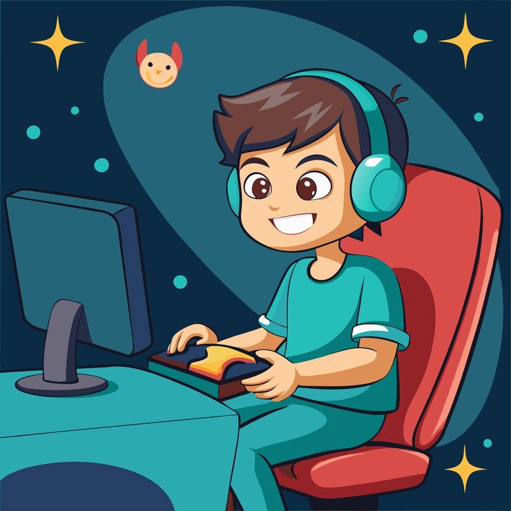 Vector vector de un niño de dibujos animados jugando videojuegos con auriculares