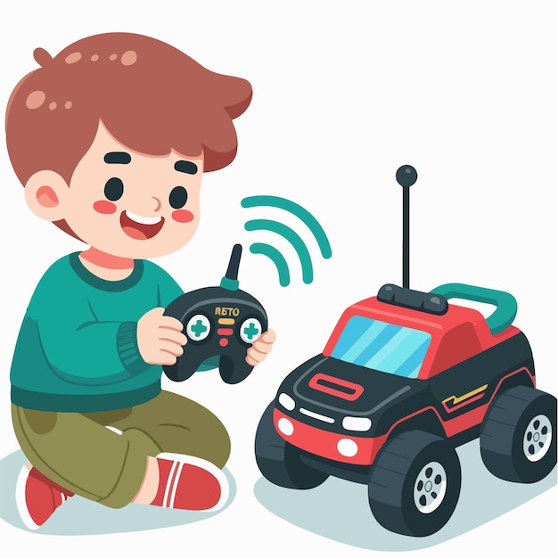 vector niño feliz jugando con el coche remoto