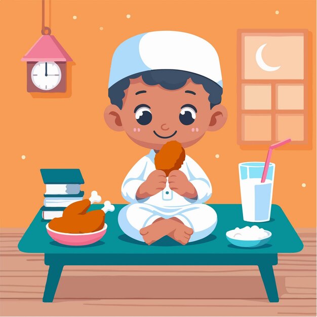 Vector de niño musulmán con estilo de diseño plano, sencillo y de dibujos animados