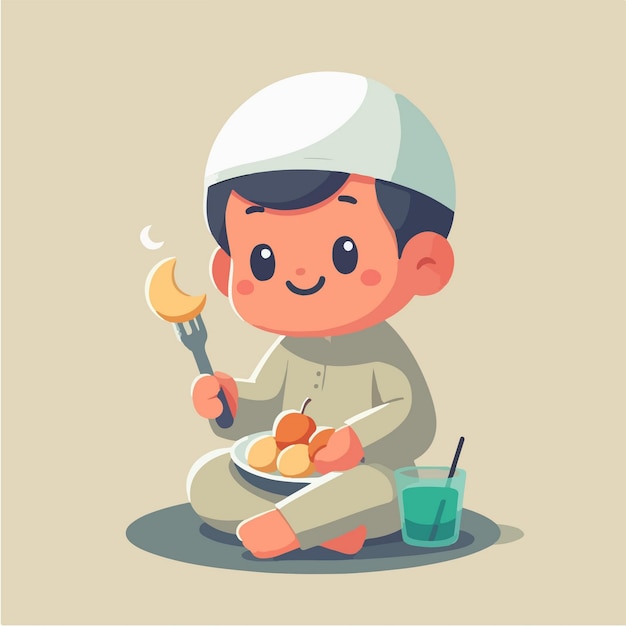 Vector de niño musulmán con estilo de diseño plano, sencillo y de dibujos animados