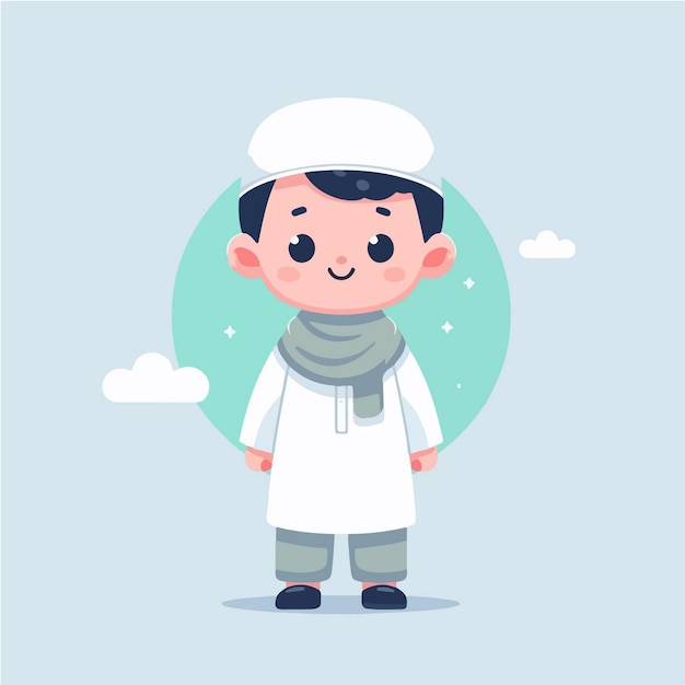 Vector de niño musulmán con estilo de diseño plano, sencillo y de dibujos animados