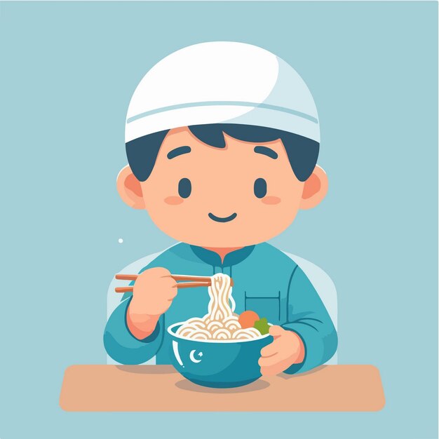 Vector de niño musulmán con estilo de diseño plano, sencillo y de dibujos animados