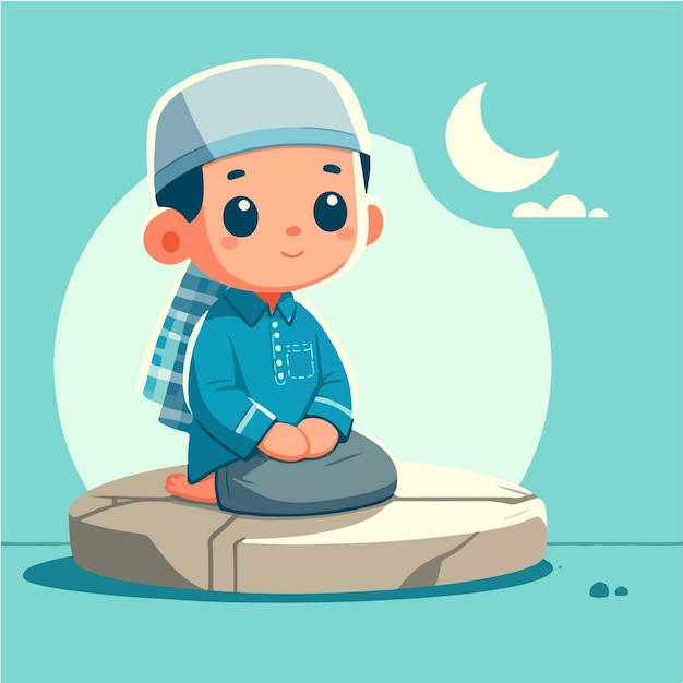 Vector de niño musulmán con estilo de diseño plano, sencillo y de dibujos animados