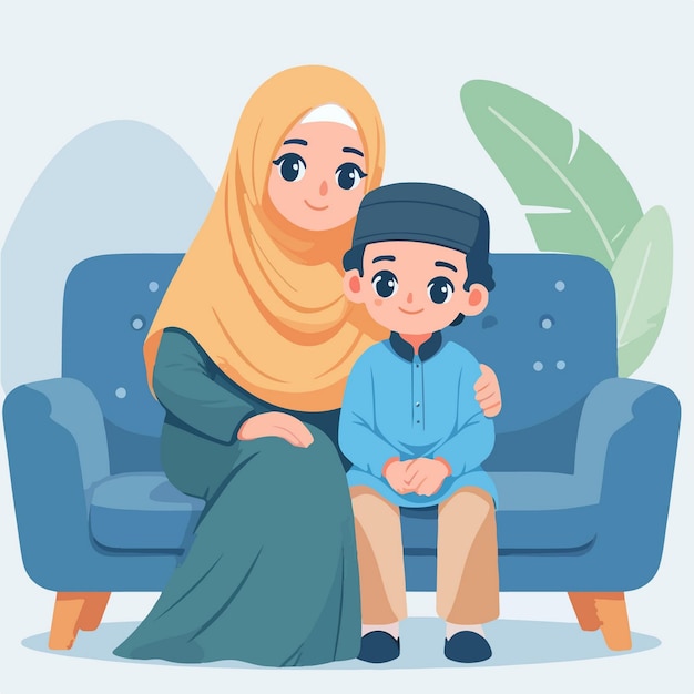 Vector de niño musulmán con estilo de diseño plano, sencillo y de dibujos animados