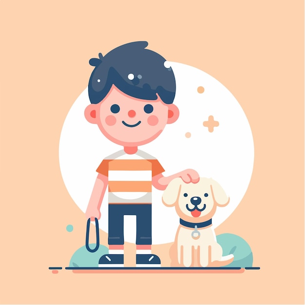 Vector vector de un niño y un perro con un estilo de diseño plano simple y minimalista