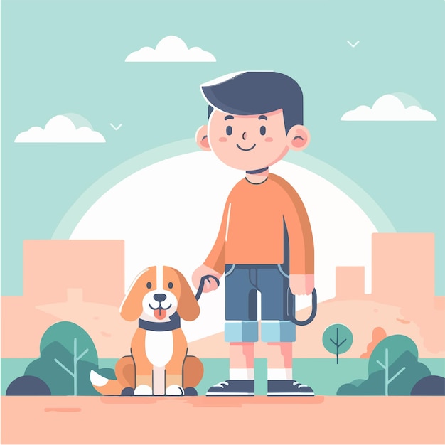 Vector de un niño y un perro con un estilo de diseño plano simple y minimalista