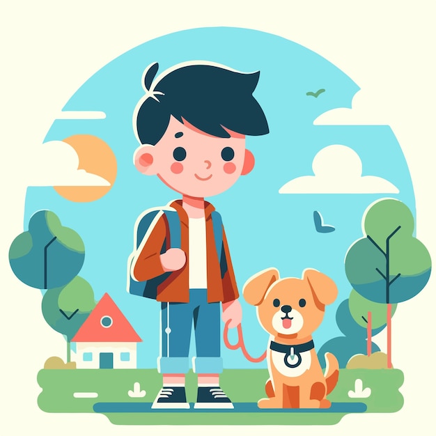 Vector de un niño y un perro con un estilo de diseño plano simple y minimalista