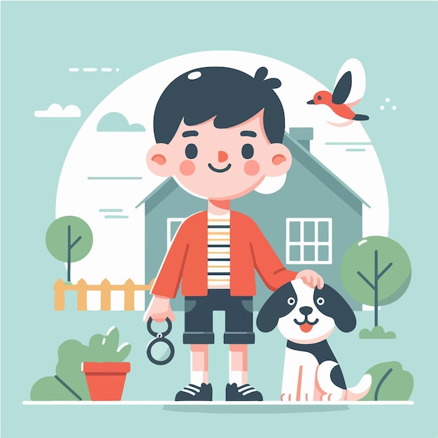 Vector de un niño y un perro con un estilo de diseño plano simple y minimalista