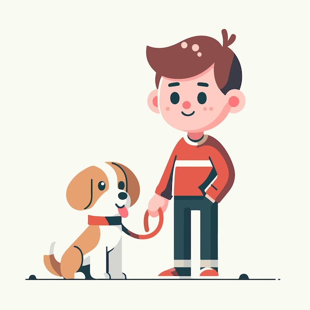 Vector de un niño y un perro con un estilo de diseño plano simple y minimalista