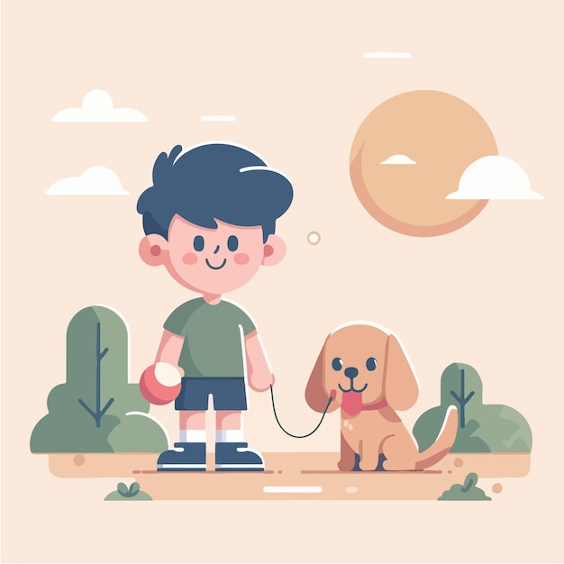 Vector de un niño y un perro con un estilo de diseño plano simple y minimalista